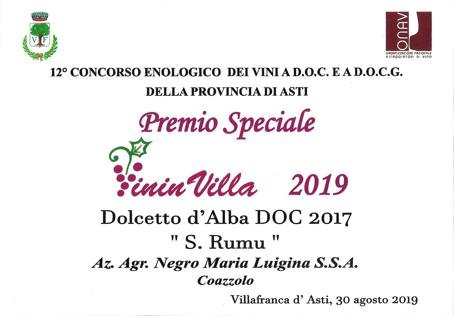 Vininvilla 2019 - Dolcetto d'Alba D.O.C. 2017 "S. Rumu".