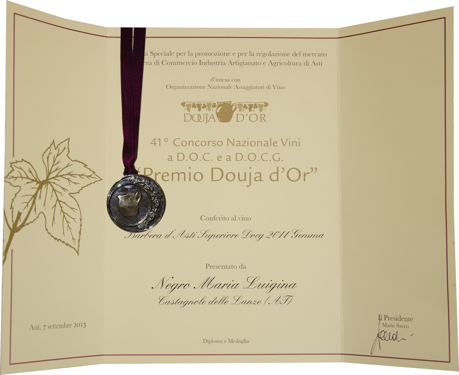 "Premio Douja d'Or" 2013 - Barbera d'Asti Superiore D.O.C.G. 2011 Gemma.