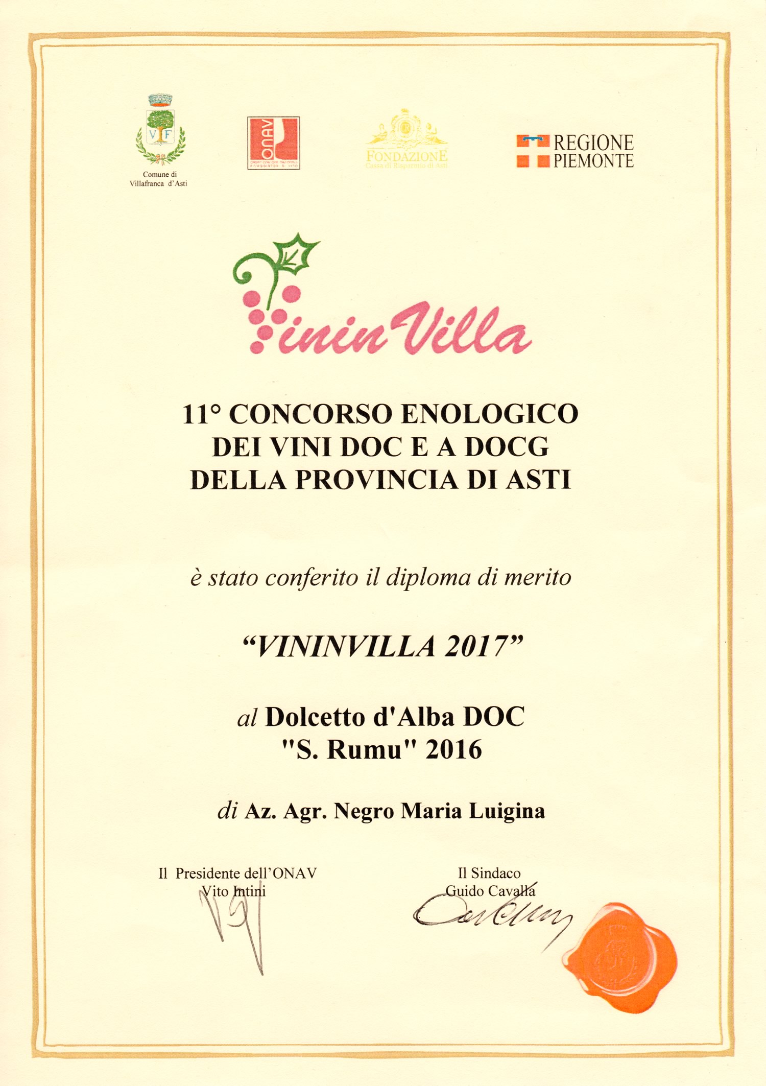 VininVilla 2017 - Dolcetto d'Alba D.O.C. "S. Rumu" 2016.