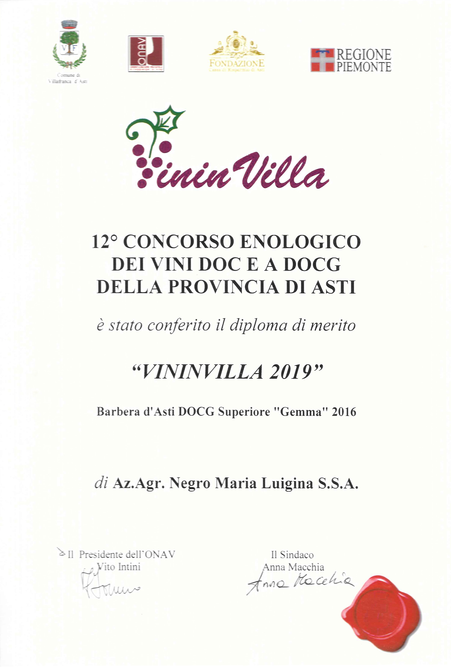 Vininvilla 2019 - Barbera d'Asti D.O.C.G Superiore "Gemma" 2016.